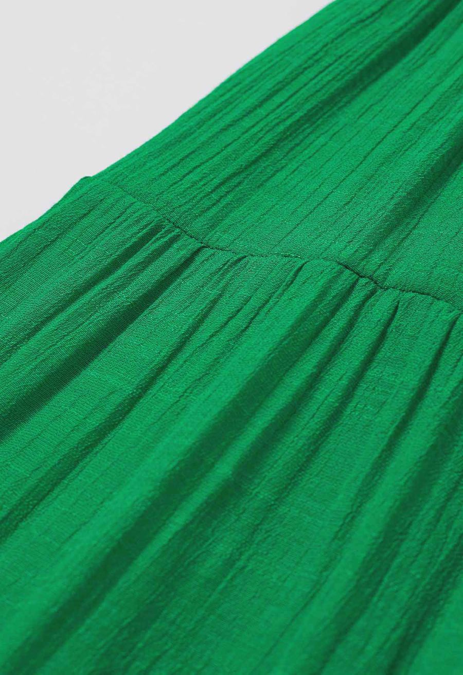 Crinkle Gathered Tiered Midi Skirt in Green