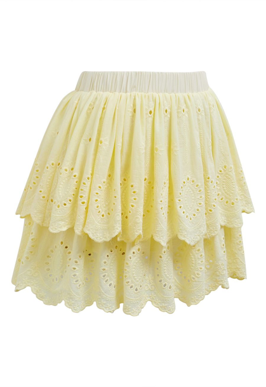 Embroidered Eyelet Cotton Layered Mini Skirt in Yellow