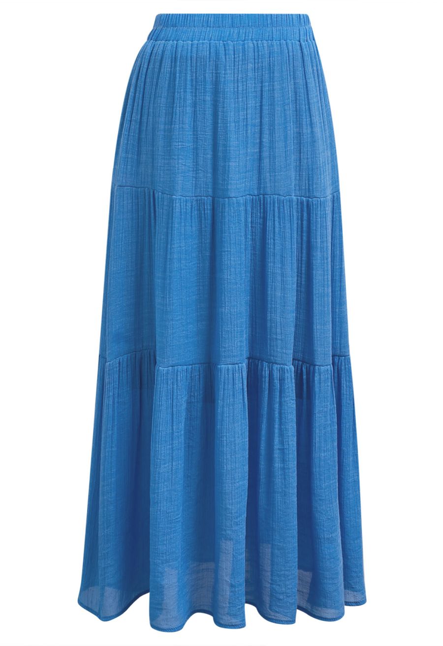 Crinkle Gathered Tiered Midi Skirt in Blue