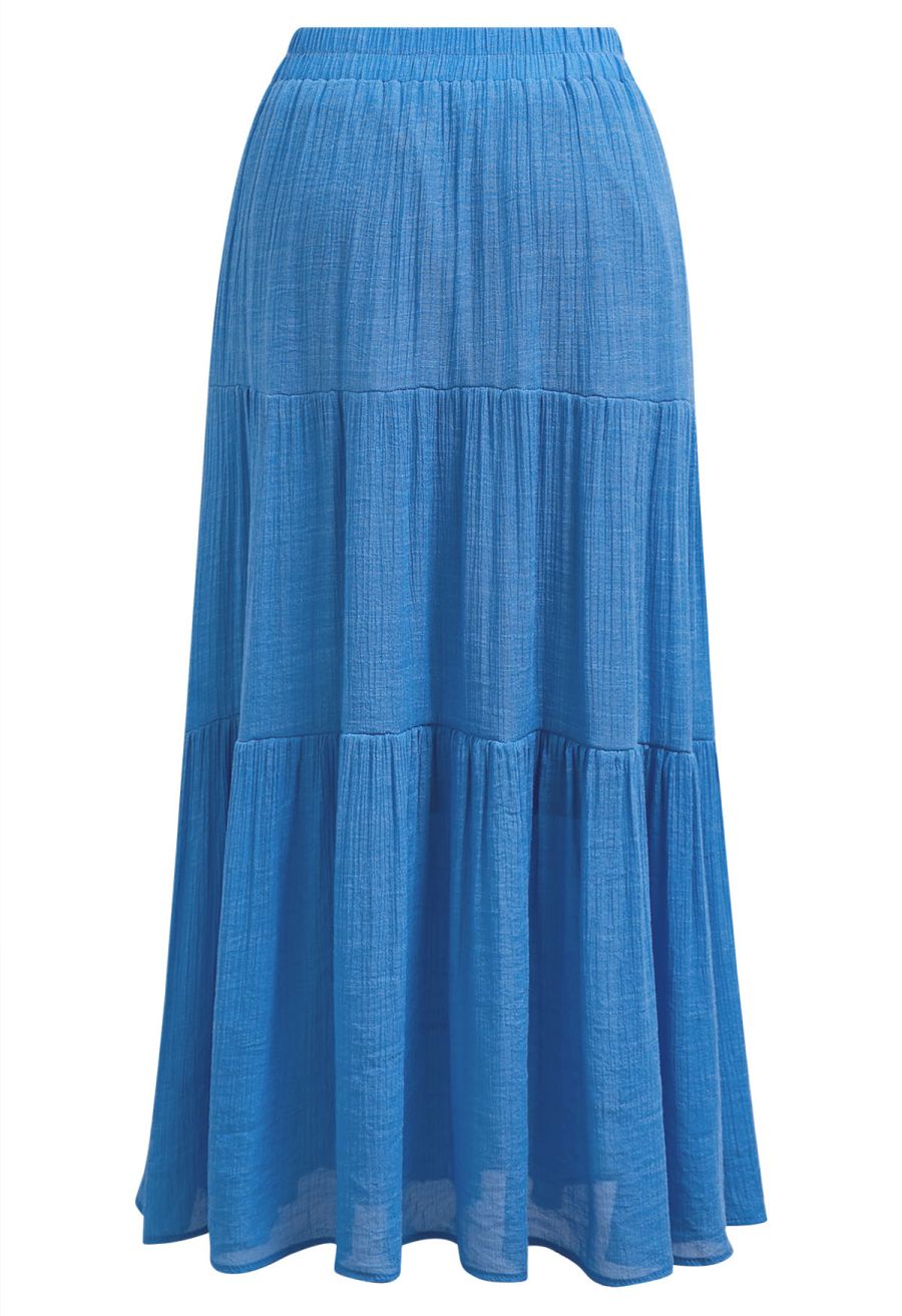 Crinkle Gathered Tiered Midi Skirt in Blue