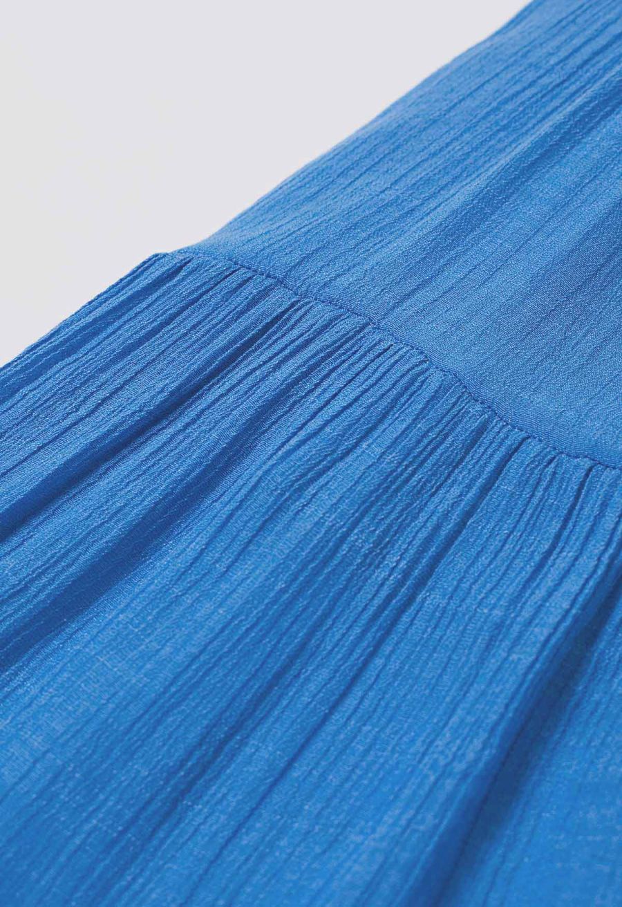 Crinkle Gathered Tiered Midi Skirt in Blue