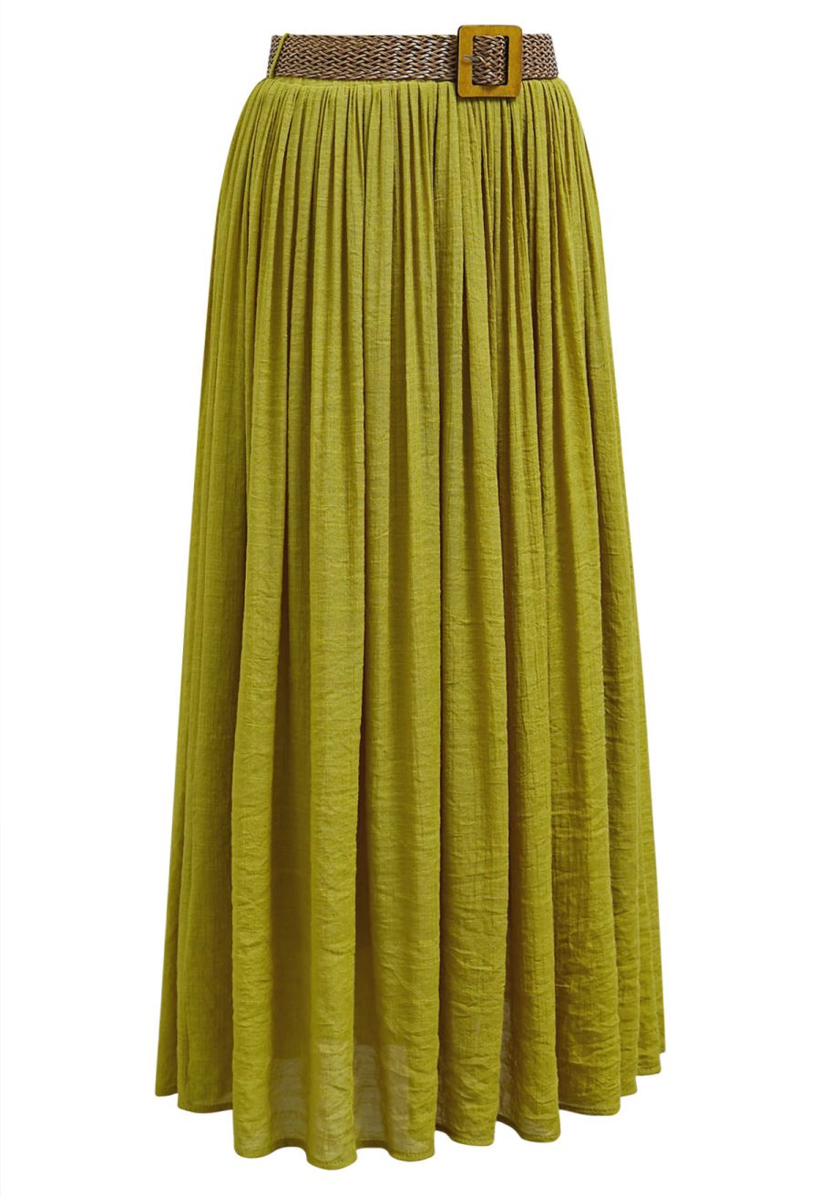 Airy Crinkle Belted Midi Skirt in Lime