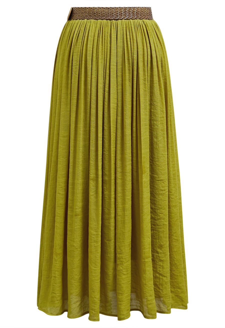 Airy Crinkle Belted Midi Skirt in Lime
