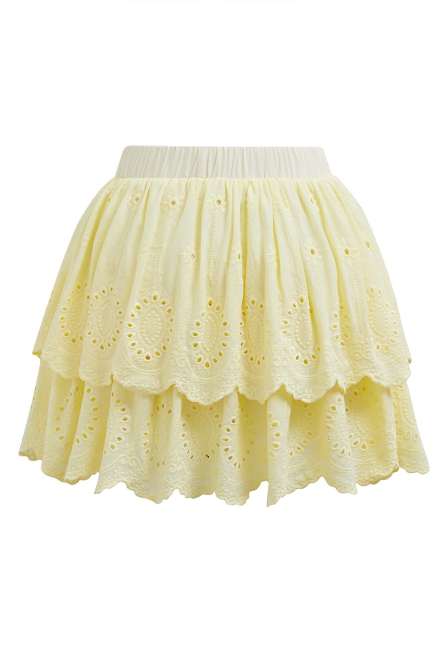 Embroidered Eyelet Cotton Layered Mini Skirt in Yellow