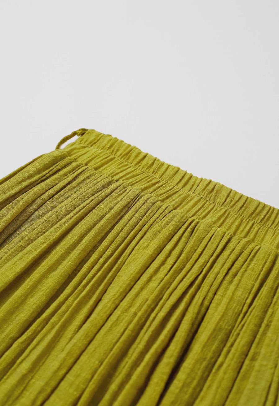 Airy Crinkle Belted Midi Skirt in Lime