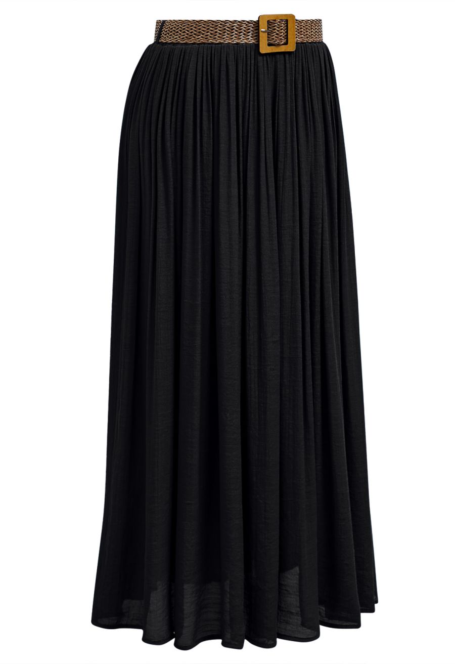 Airy Crinkle Belted Midi Skirt in Black