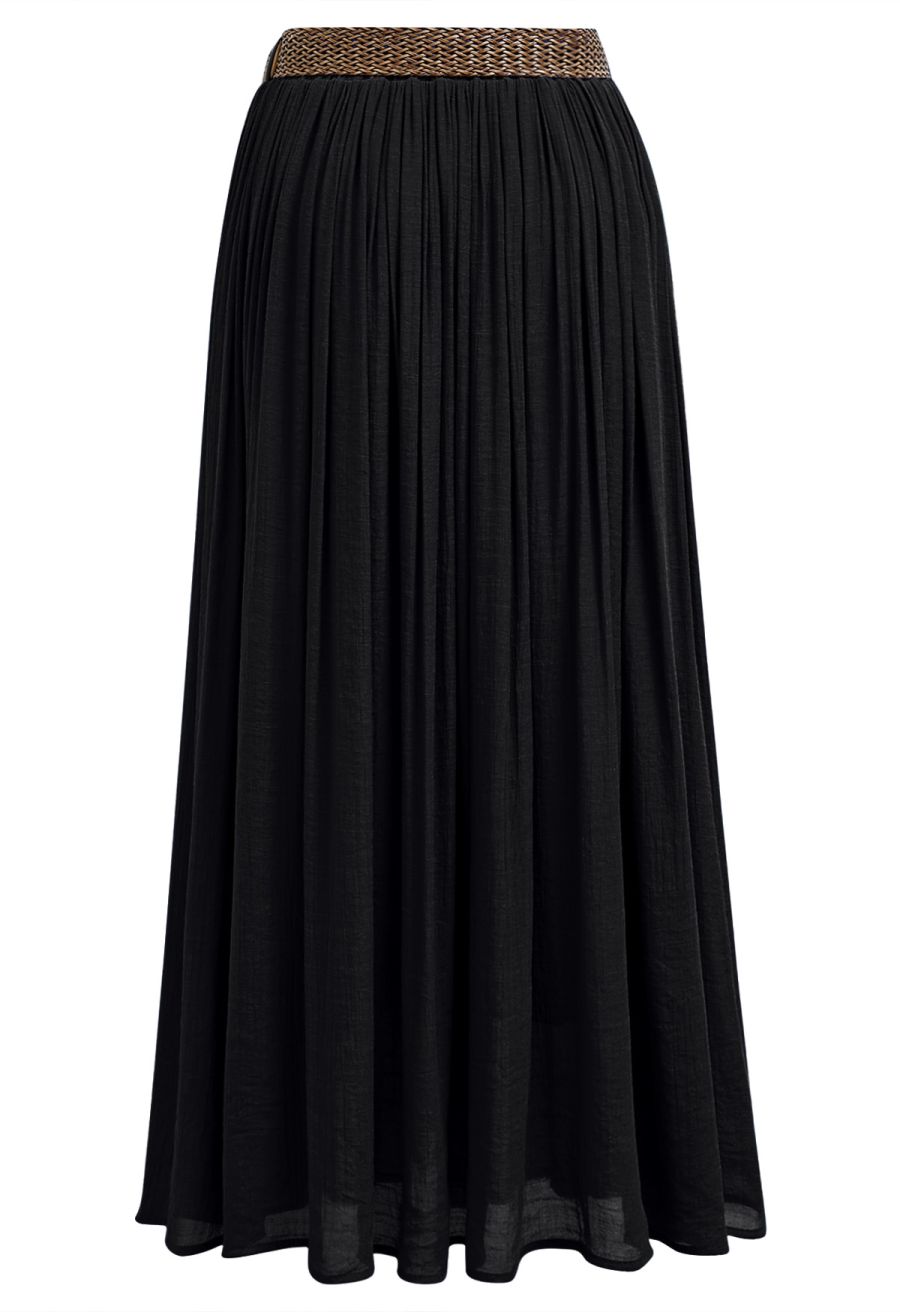 Airy Crinkle Belted Midi Skirt in Black