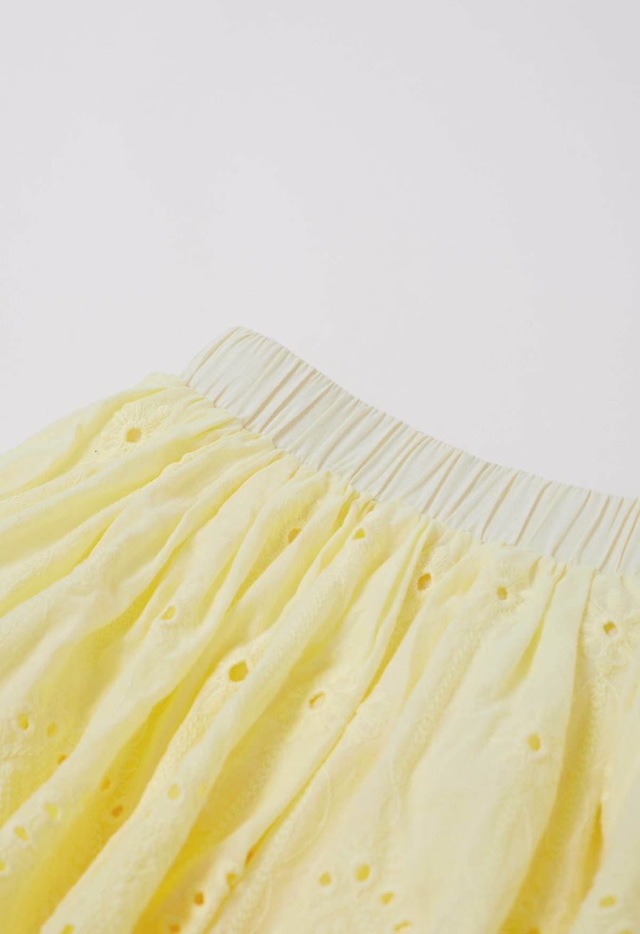 Embroidered Eyelet Cotton Layered Mini Skirt in Yellow