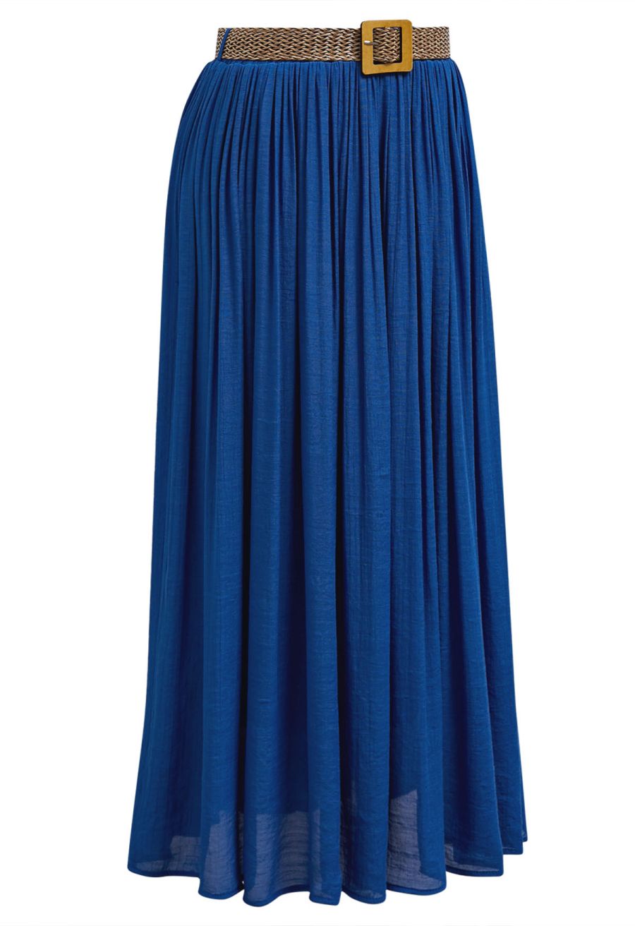 Airy Crinkle Belted Midi Skirt in Indigo