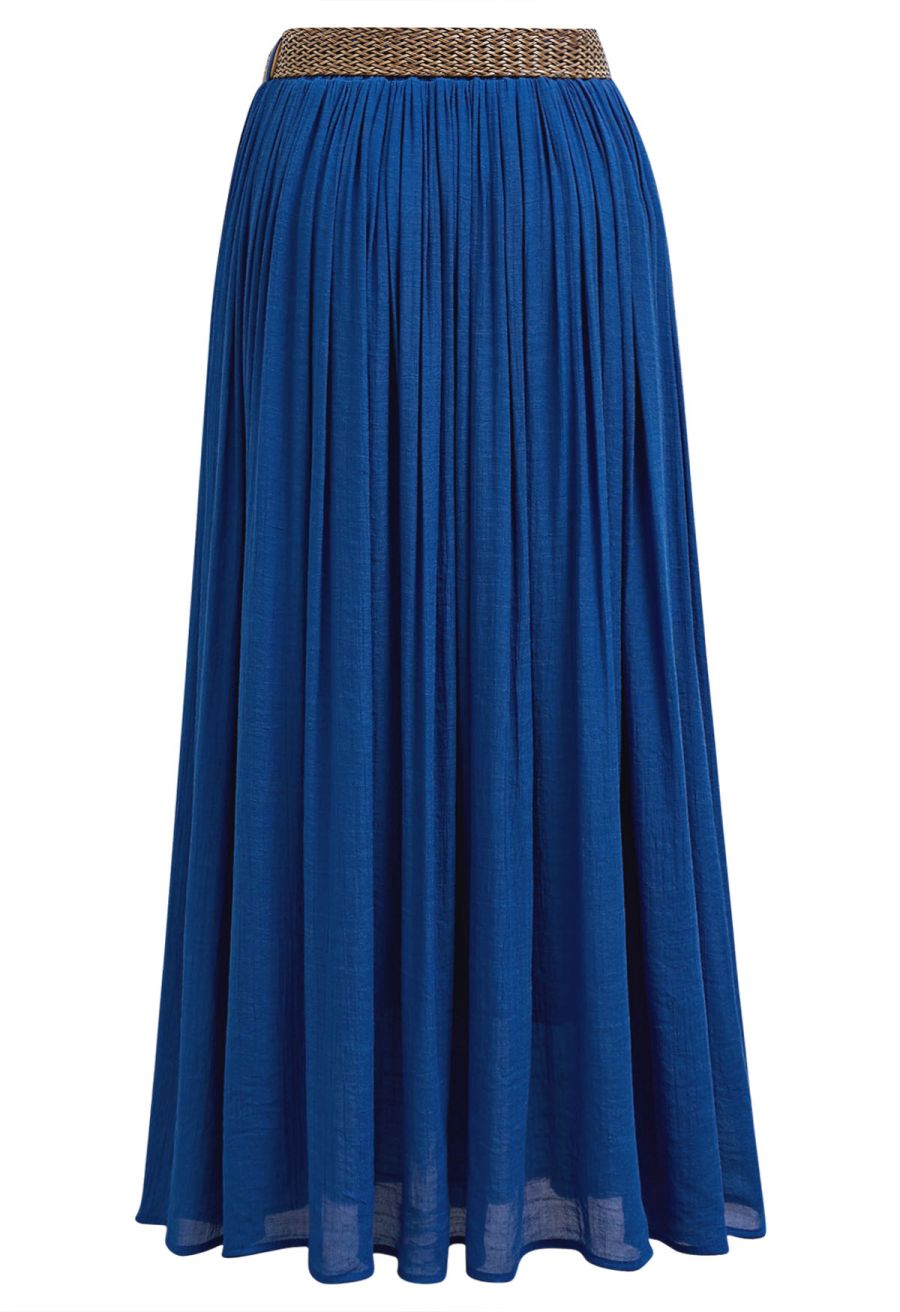 Airy Crinkle Belted Midi Skirt in Indigo