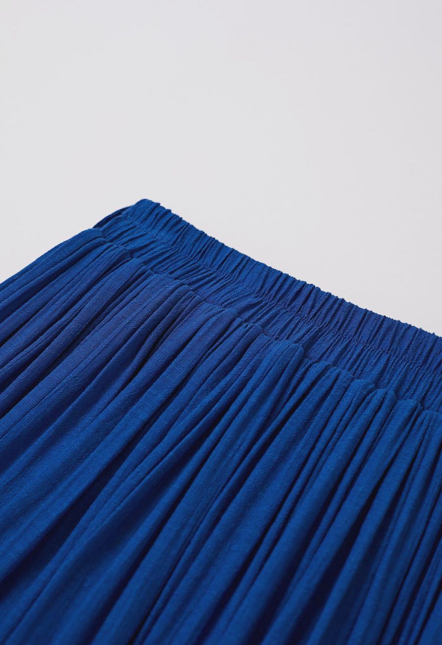 Airy Crinkle Belted Midi Skirt in Indigo