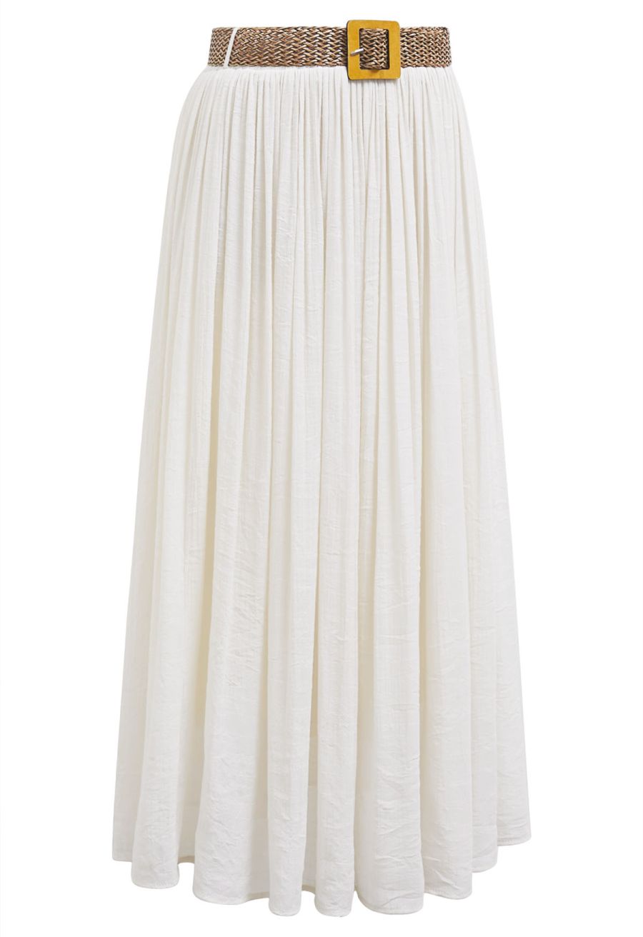 Airy Crinkle Belted Midi Skirt in Ivory