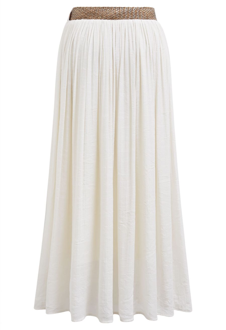 Airy Crinkle Belted Midi Skirt in Ivory
