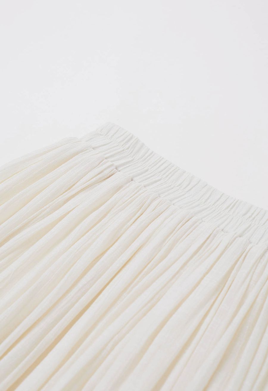 Airy Crinkle Belted Midi Skirt in Ivory