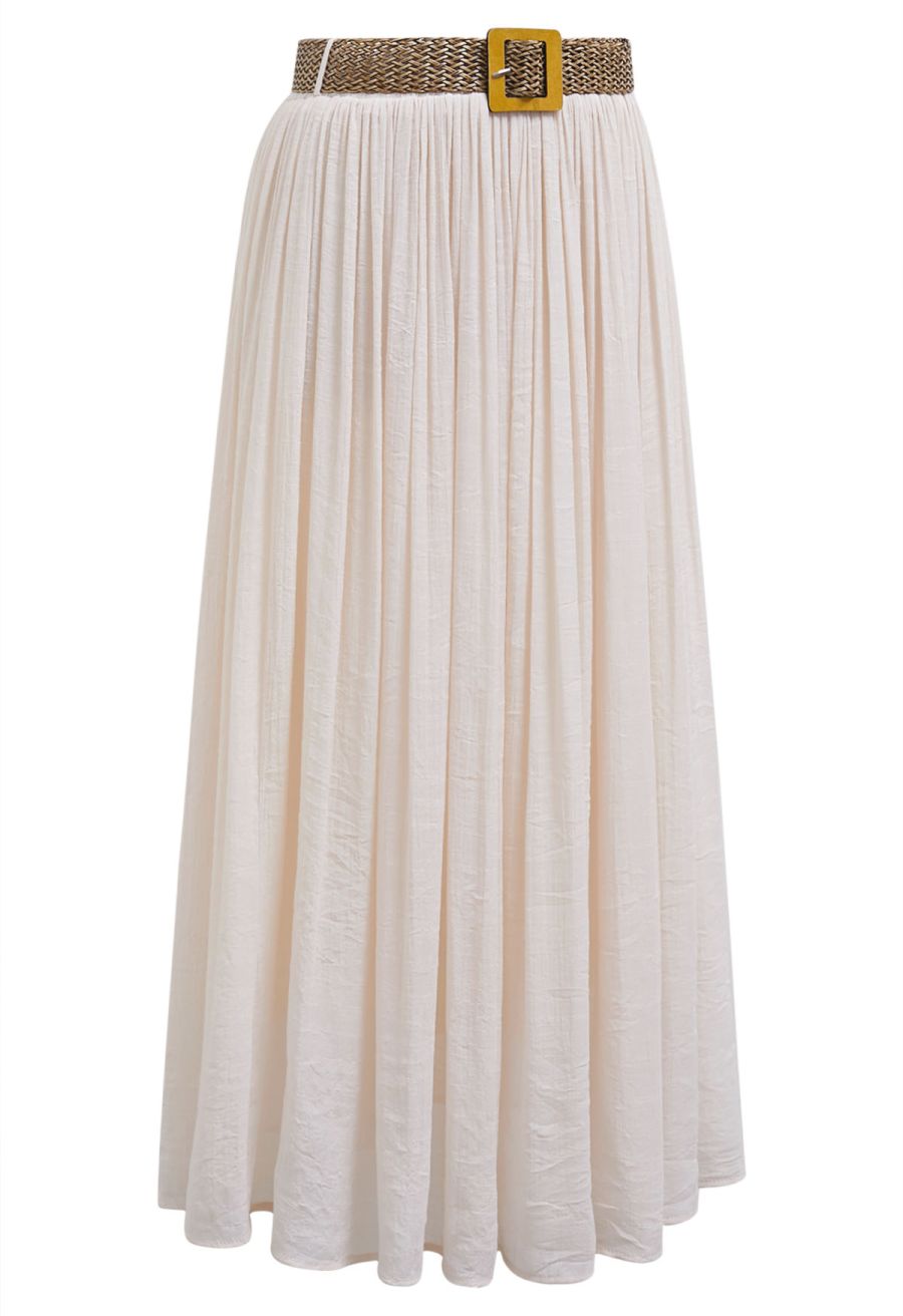 Airy Crinkle Belted Midi Skirt in Nude Pink