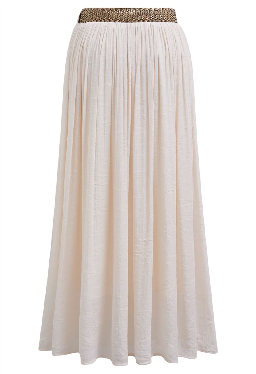 Airy Crinkle Belted Midi Skirt in Nude Pink