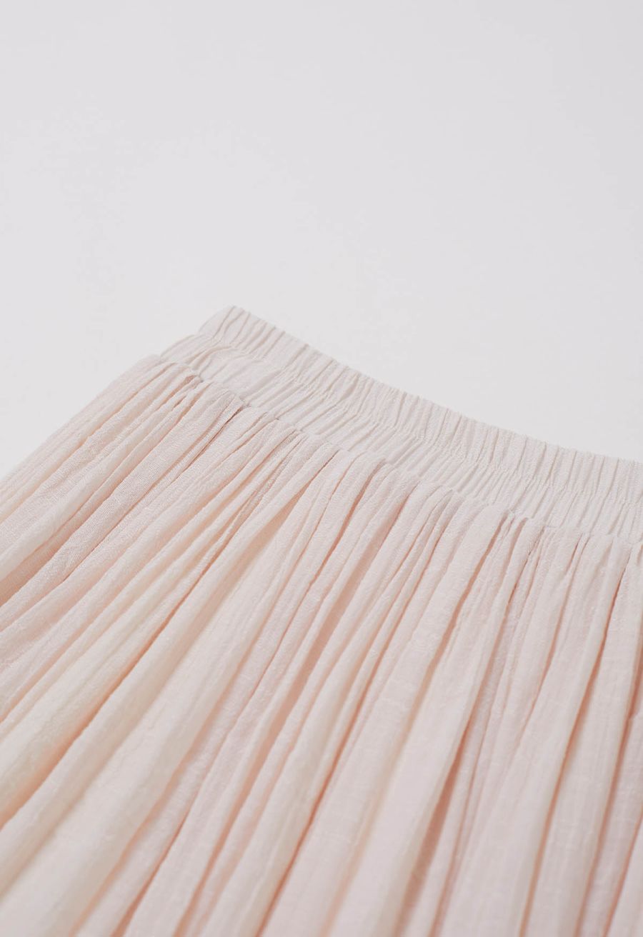 Airy Crinkle Belted Midi Skirt in Nude Pink