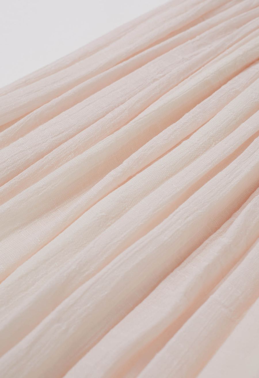 Airy Crinkle Belted Midi Skirt in Nude Pink