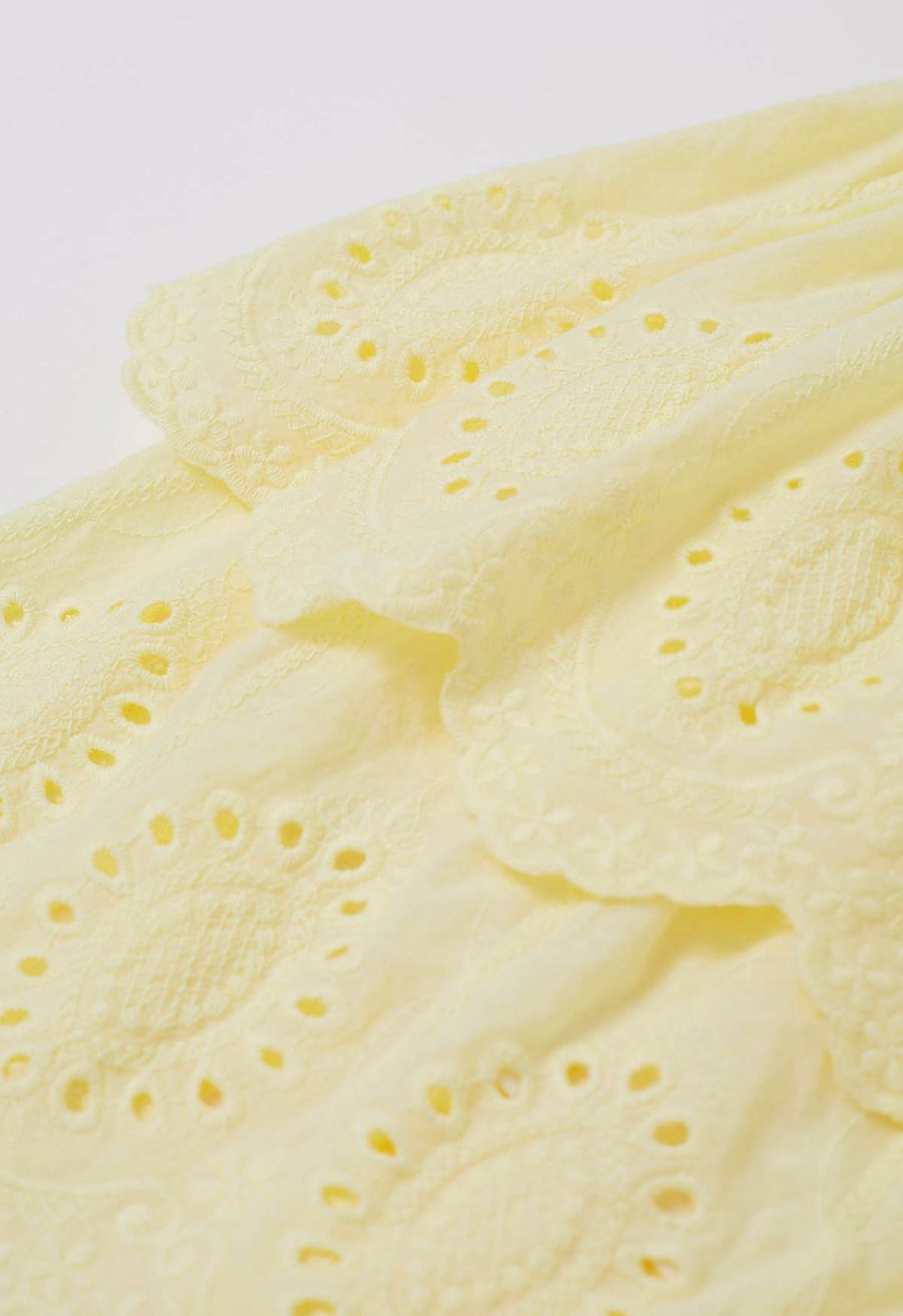 Embroidered Eyelet Cotton Layered Mini Skirt in Yellow