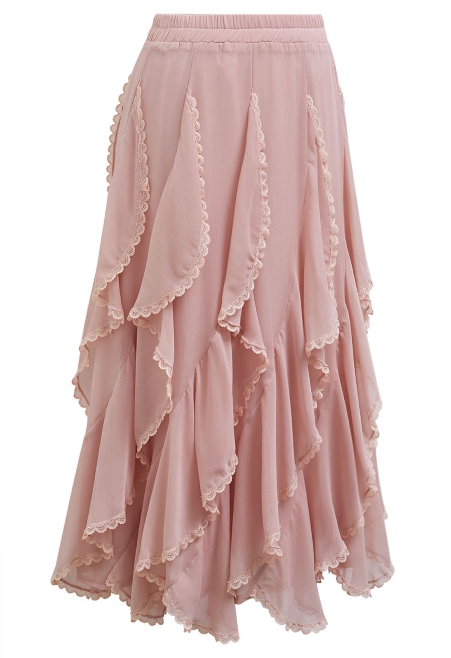Lace Ruffle Asymmetric Chiffon Midi Skirt in Pink
