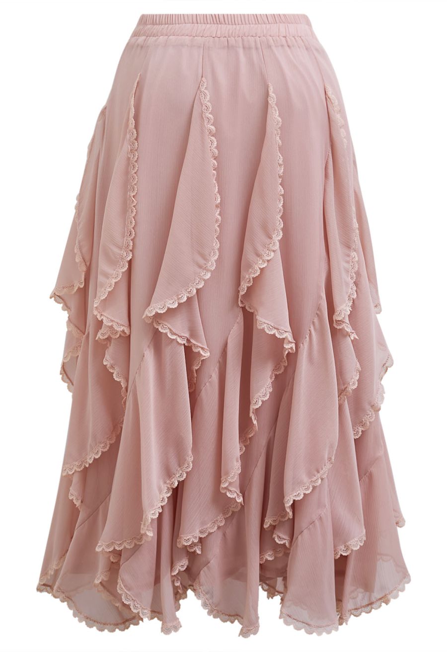 Lace Ruffle Asymmetric Chiffon Midi Skirt in Pink