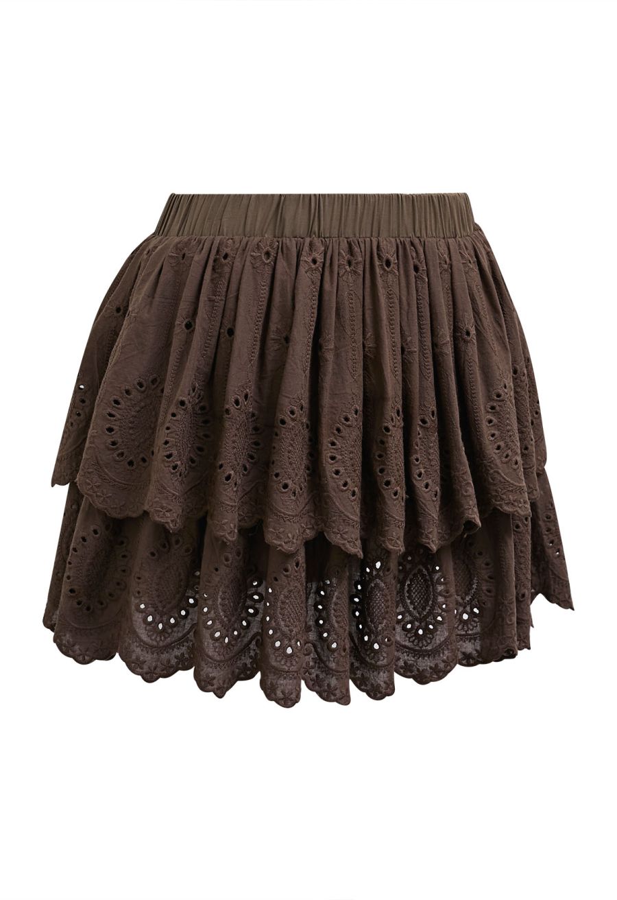Embroidered Eyelet Cotton Layered Mini Skirt in Chocolate