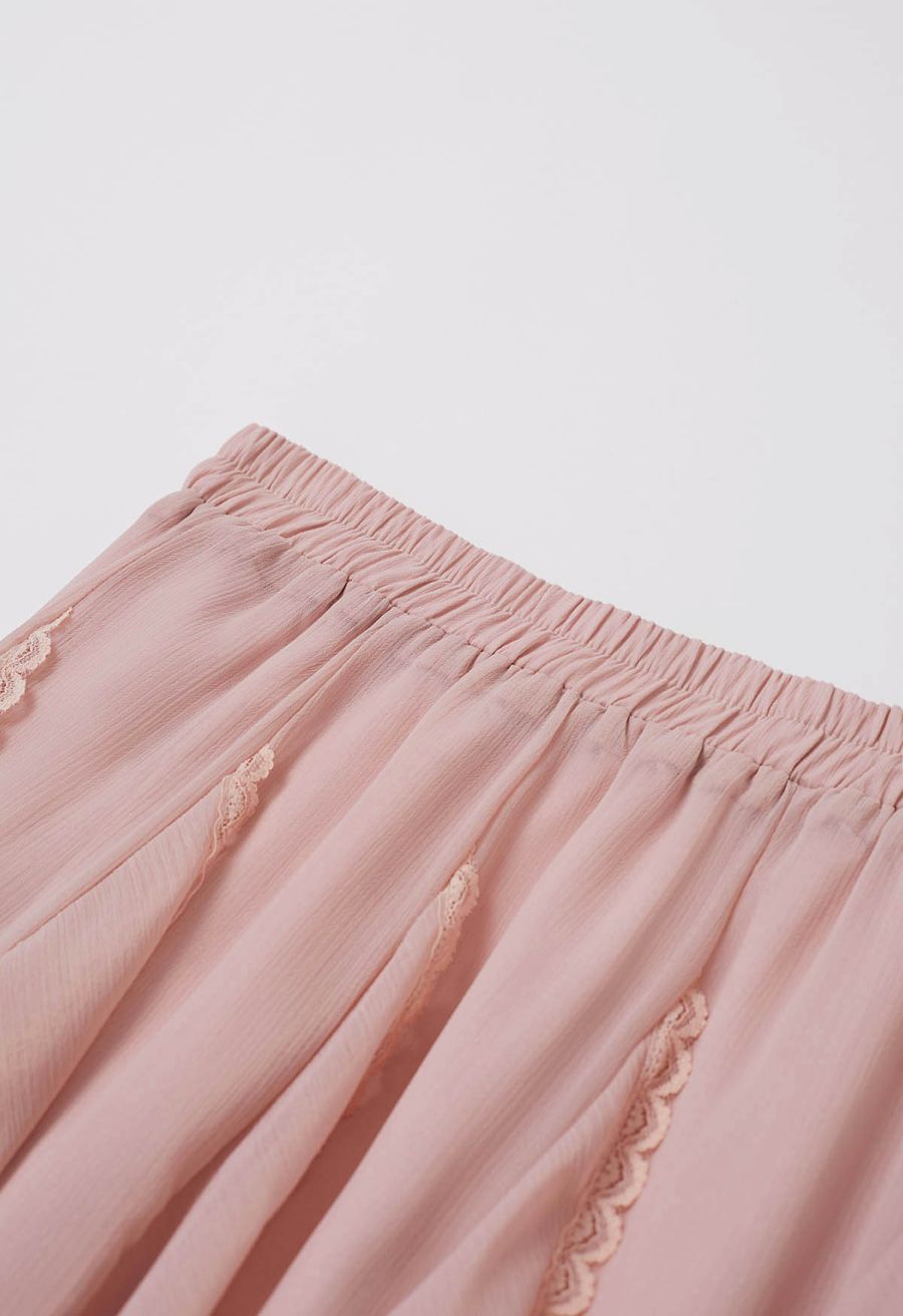 Lace Ruffle Asymmetric Chiffon Midi Skirt in Pink