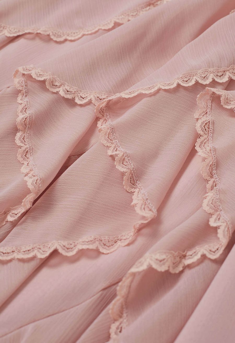 Lace Ruffle Asymmetric Chiffon Midi Skirt in Pink