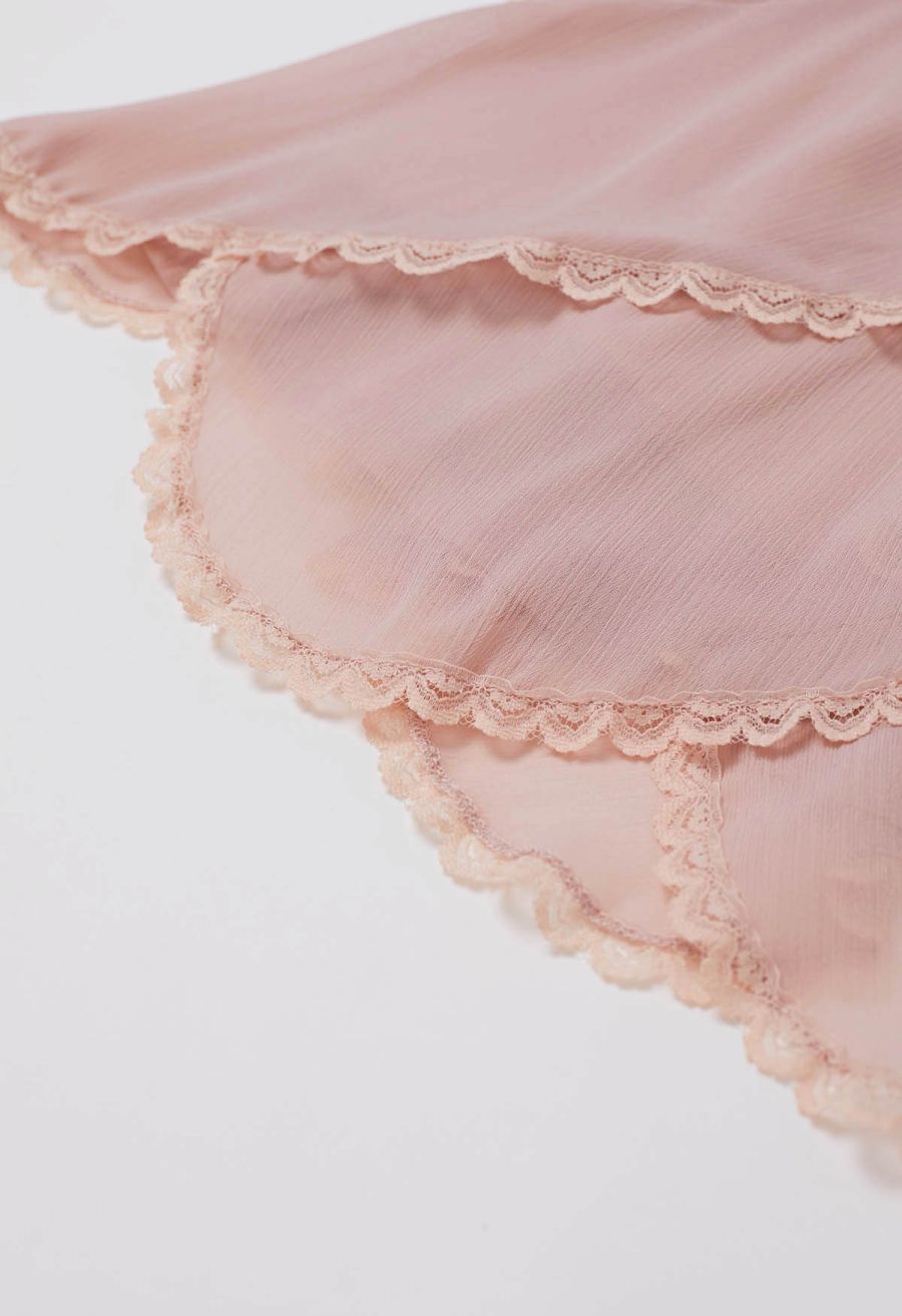 Lace Ruffle Asymmetric Chiffon Midi Skirt in Pink