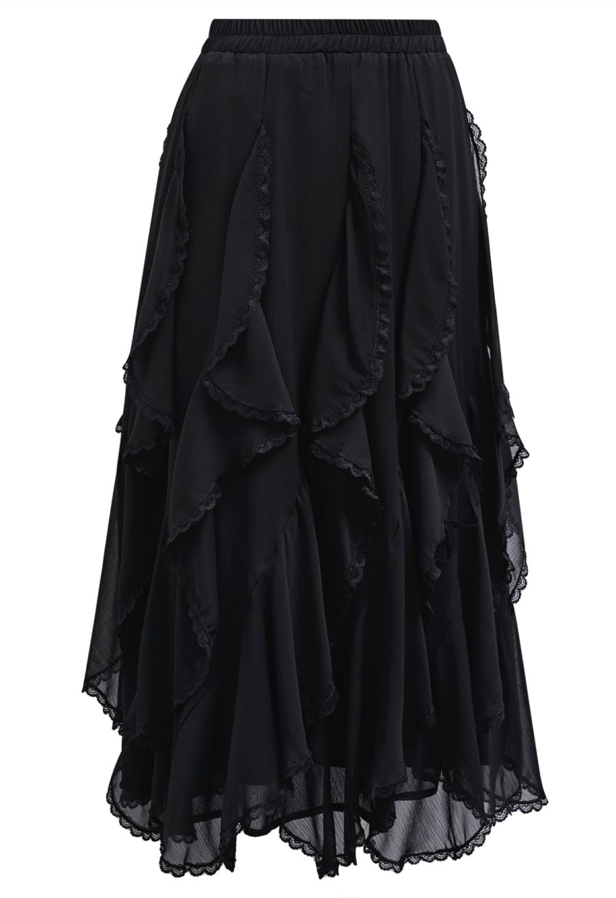 Lace Ruffle Asymmetric Chiffon Midi Skirt in Black