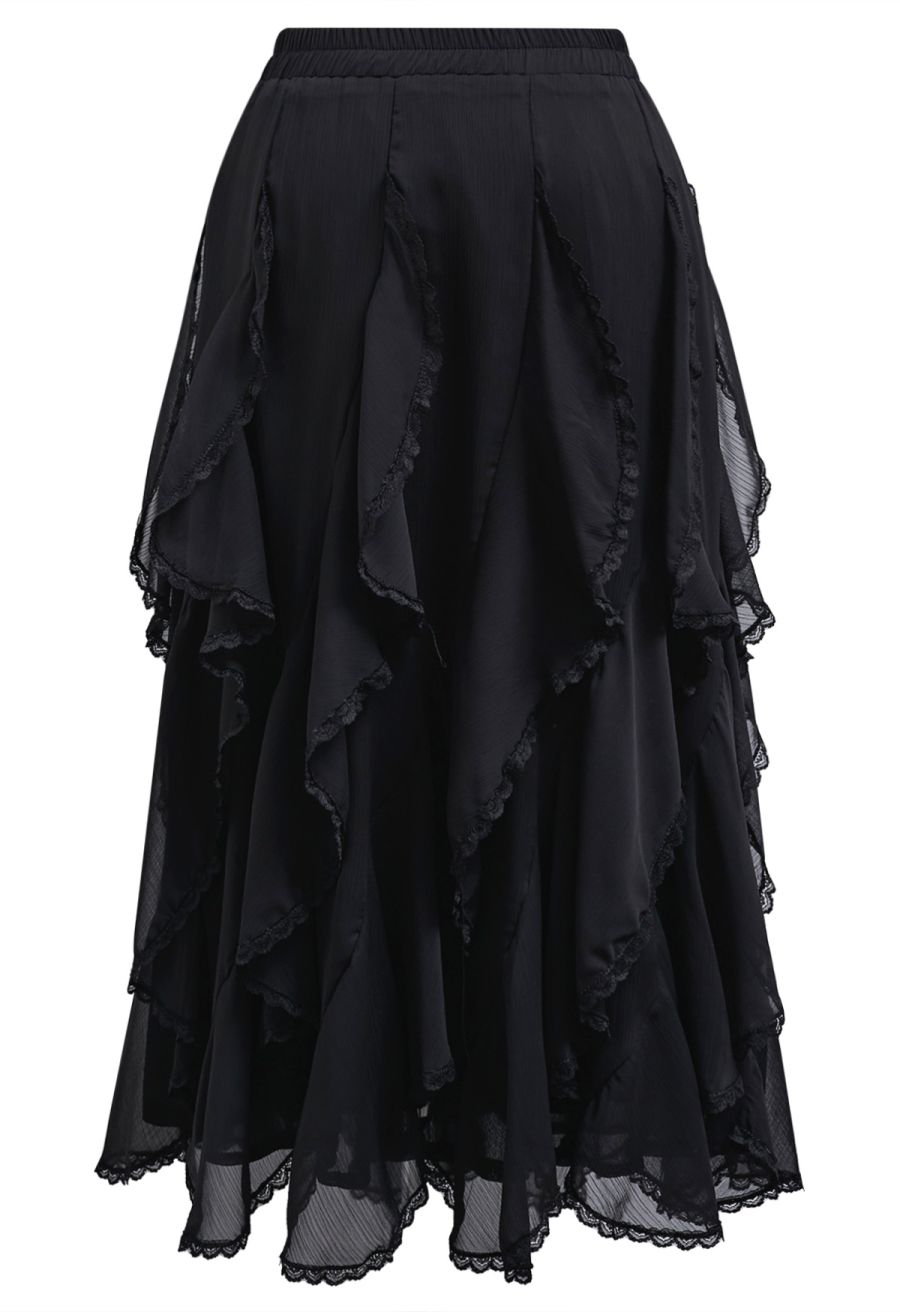 Lace Ruffle Asymmetric Chiffon Midi Skirt in Black