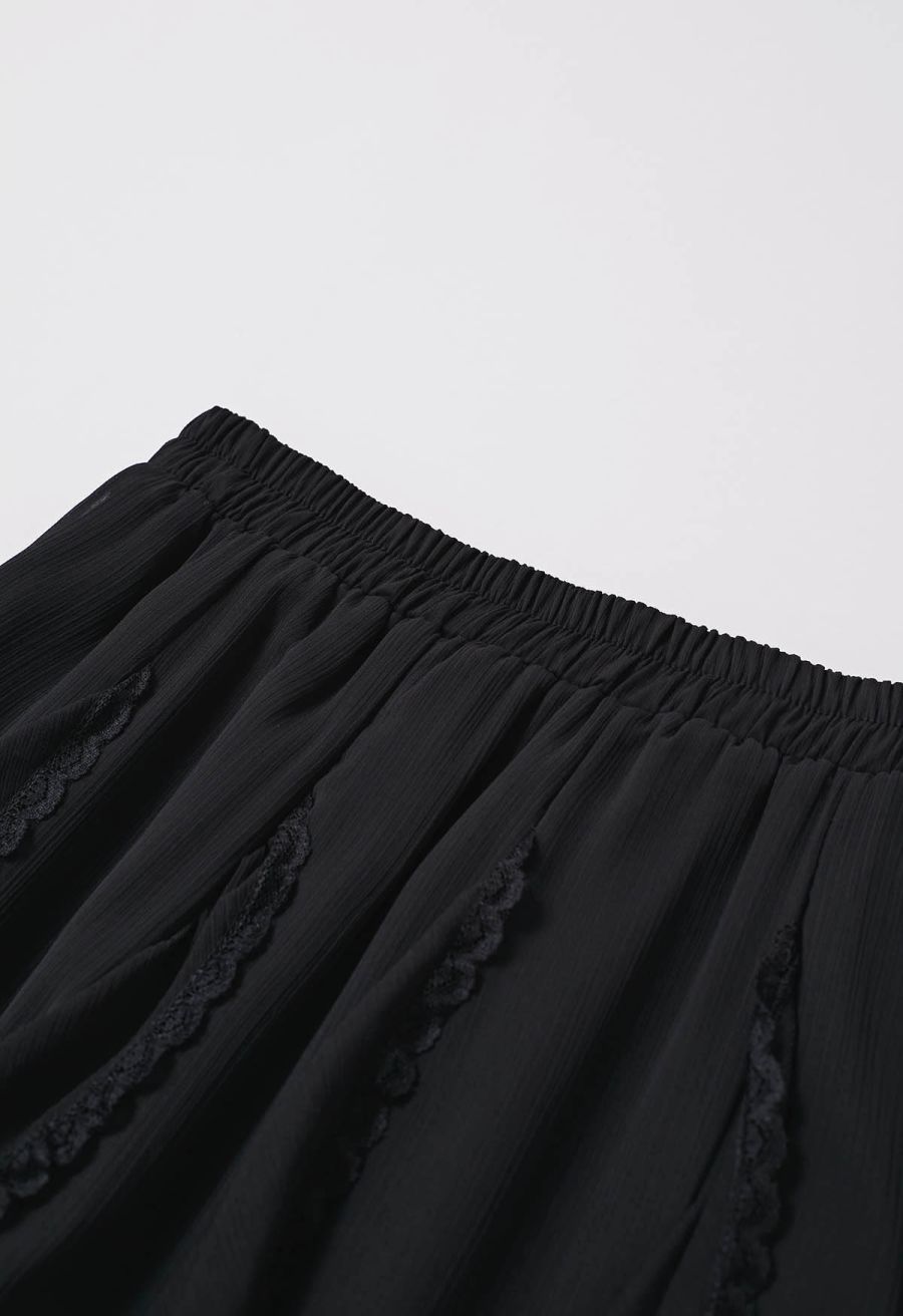 Lace Ruffle Asymmetric Chiffon Midi Skirt in Black