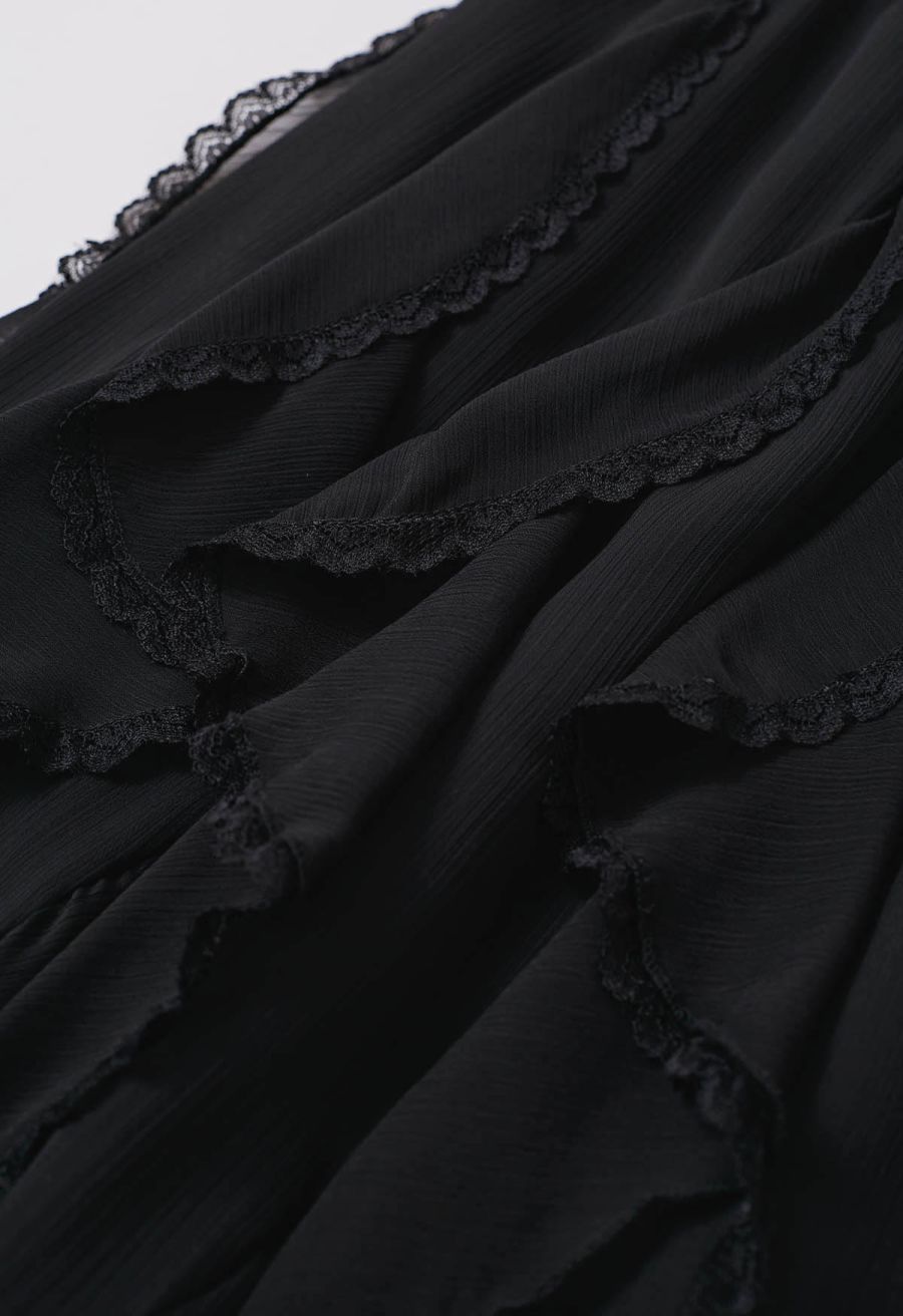 Lace Ruffle Asymmetric Chiffon Midi Skirt in Black