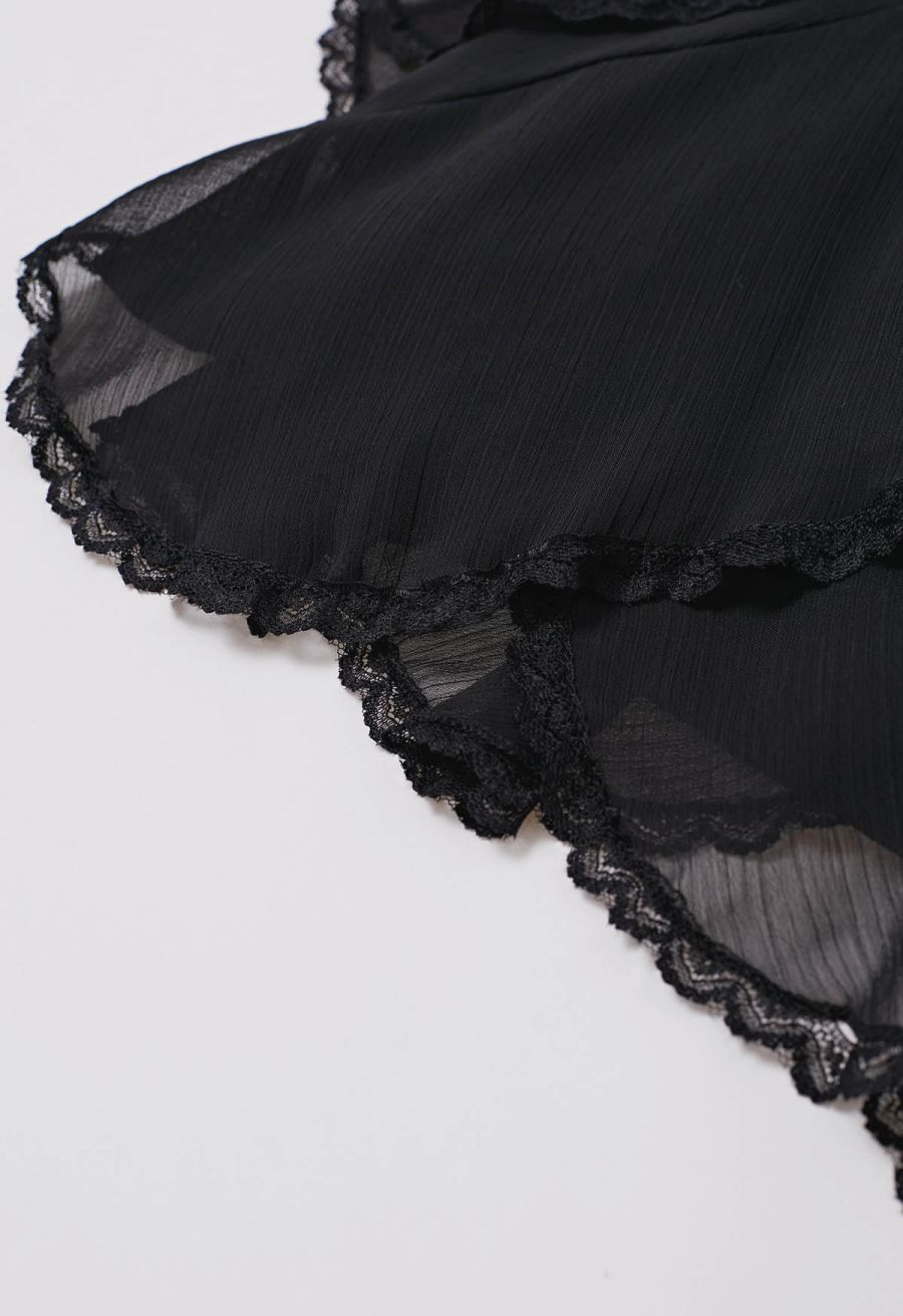 Lace Ruffle Asymmetric Chiffon Midi Skirt in Black