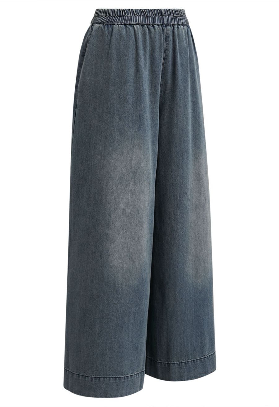 Sleek Proposition Elastic Waist Wide-Leg Jeans in Blue