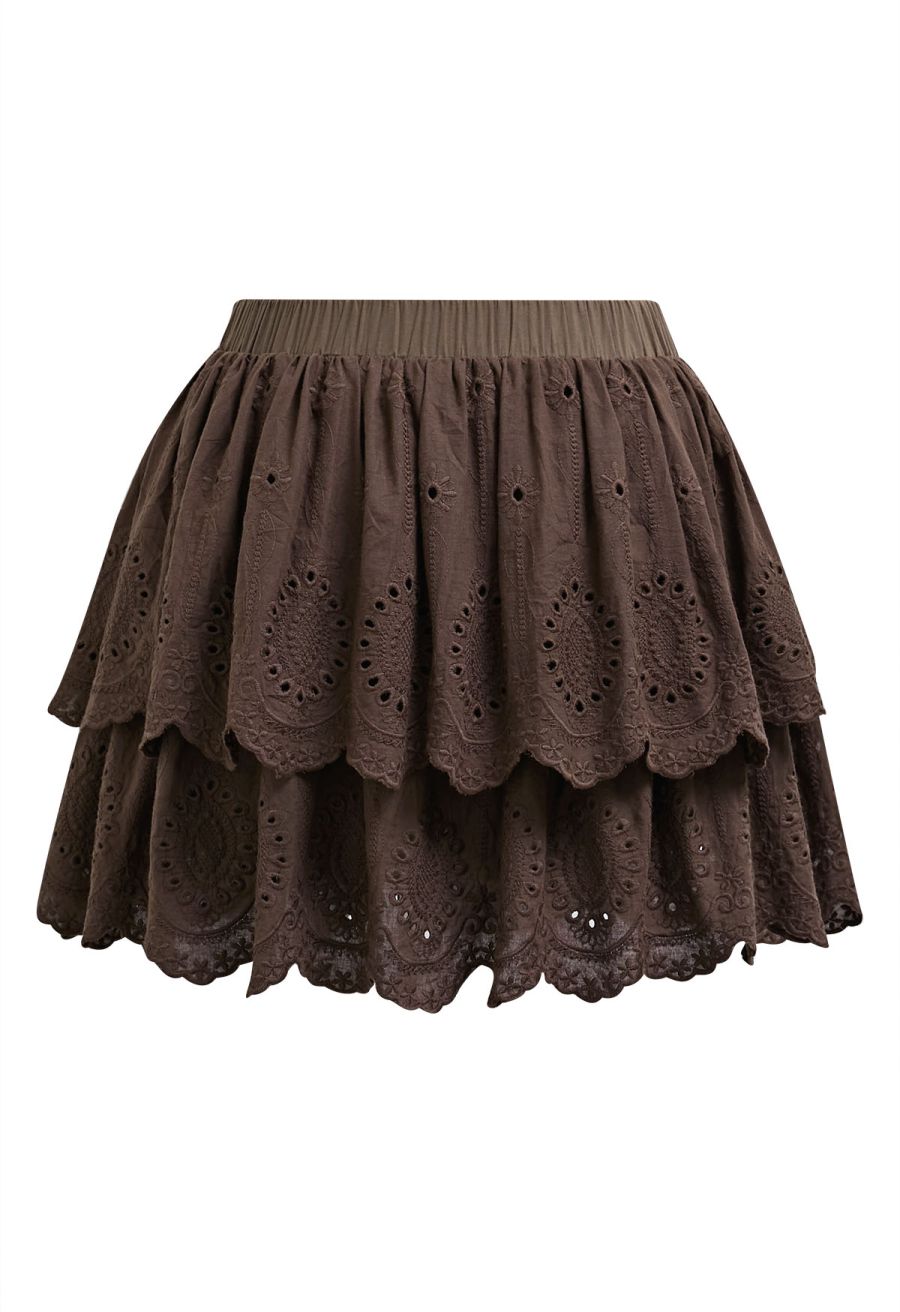 Embroidered Eyelet Cotton Layered Mini Skirt in Chocolate