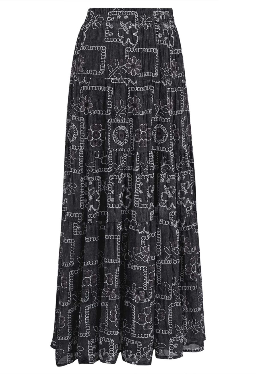 Sketch Chain Flower Pleated Midi Skirt