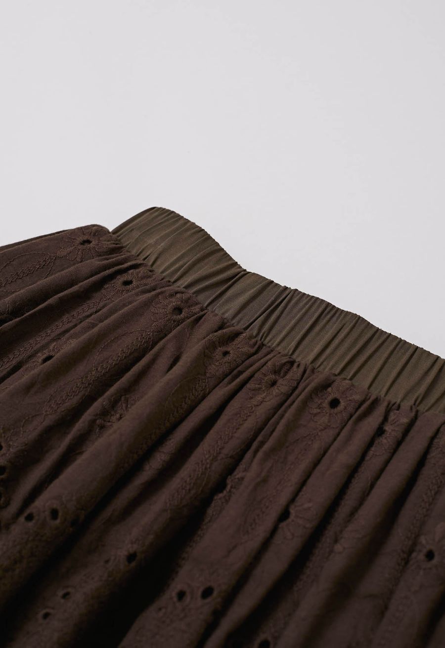 Embroidered Eyelet Cotton Layered Mini Skirt in Chocolate