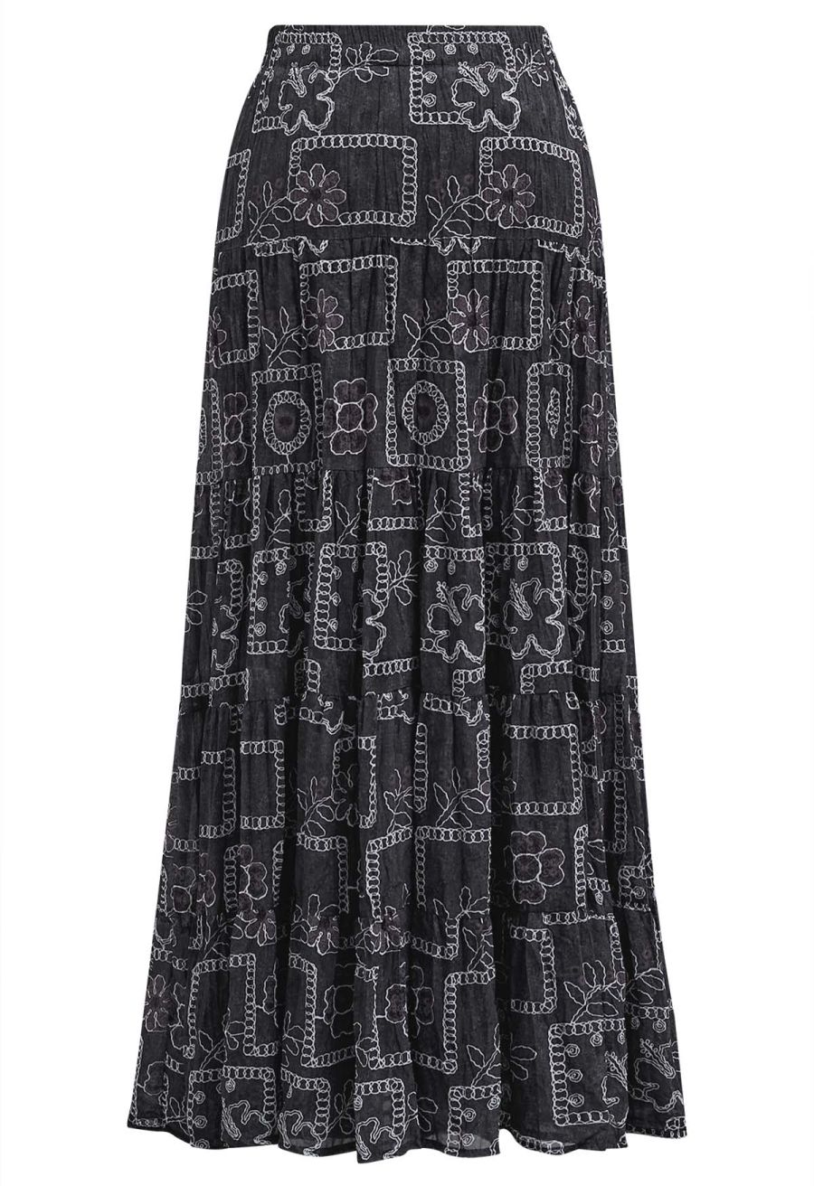 Sketch Chain Flower Pleated Midi Skirt