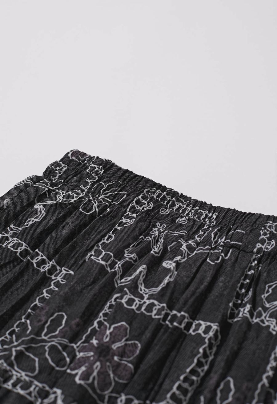 Sketch Chain Flower Pleated Midi Skirt