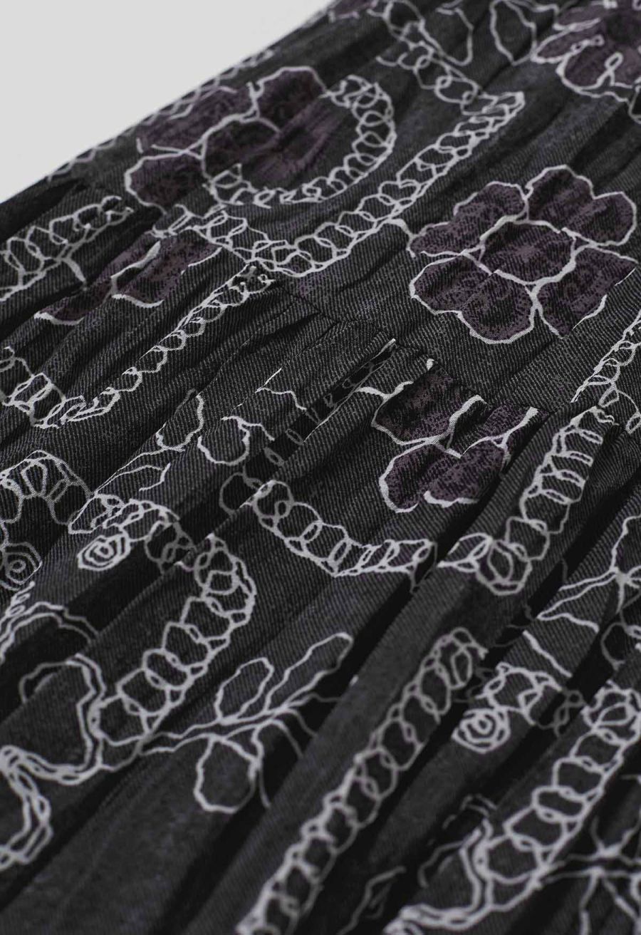 Sketch Chain Flower Pleated Midi Skirt
