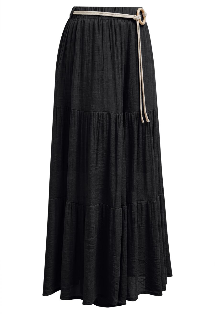 O-Ring Belt Wide Leg Tiered Crop Pants in Black