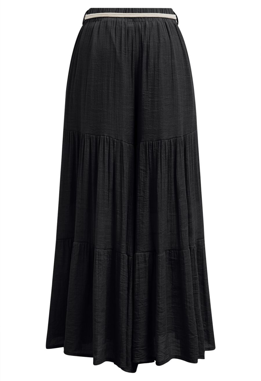 O-Ring Belt Wide Leg Tiered Crop Pants in Black