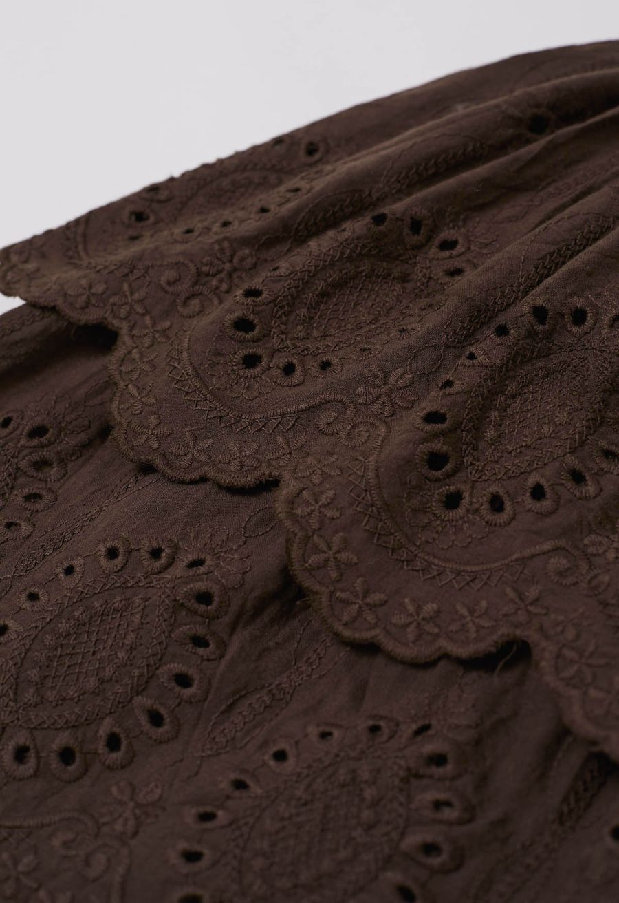 Embroidered Eyelet Cotton Layered Mini Skirt in Chocolate