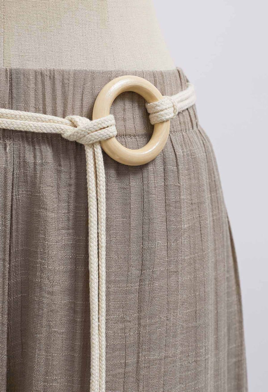 O-Ring Belt Wide Leg Tiered Crop Pants in Taupe