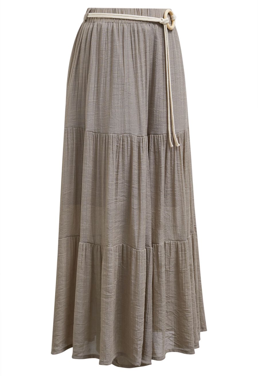 O-Ring Belt Wide Leg Tiered Crop Pants in Taupe