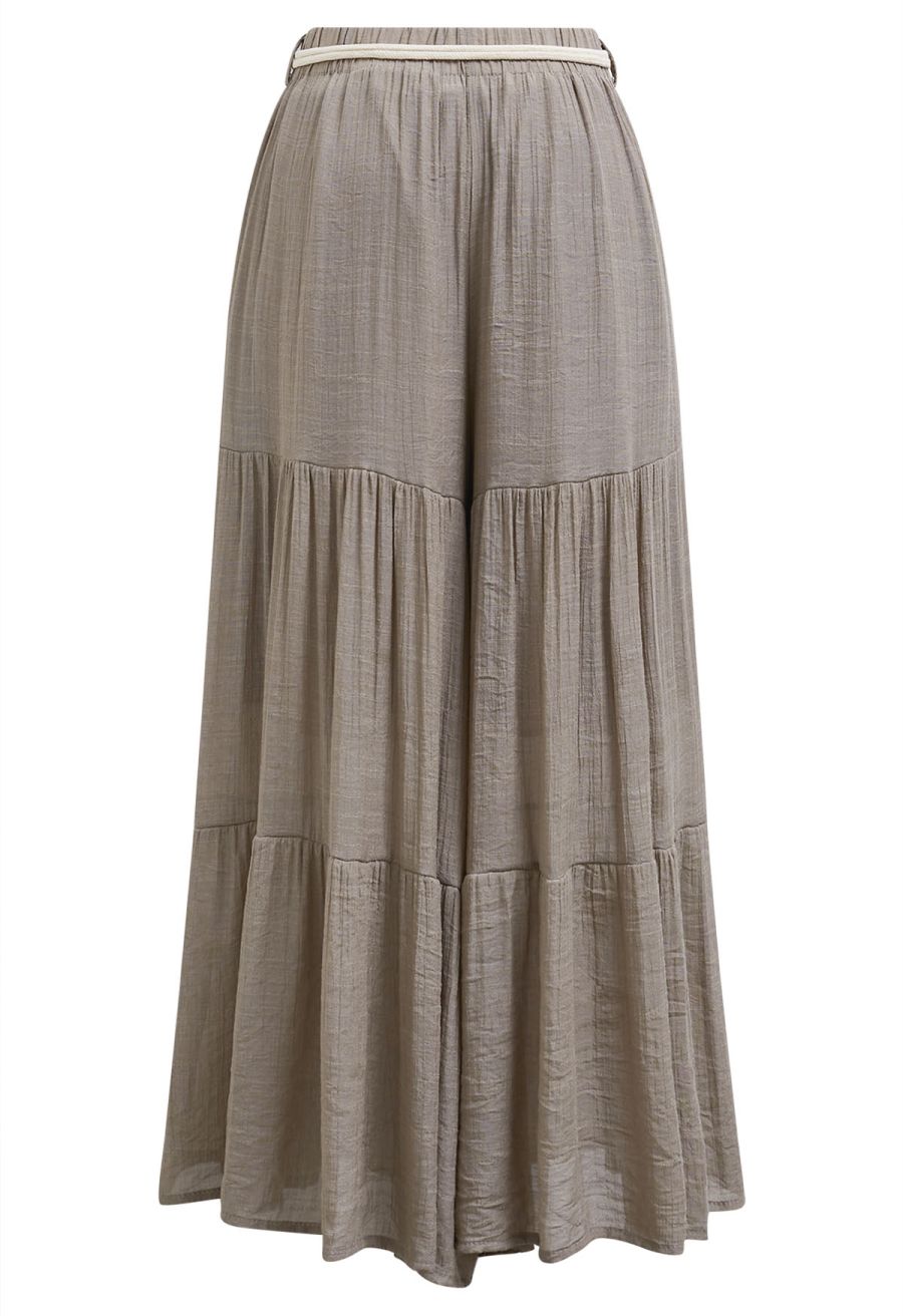 O-Ring Belt Wide Leg Tiered Crop Pants in Taupe