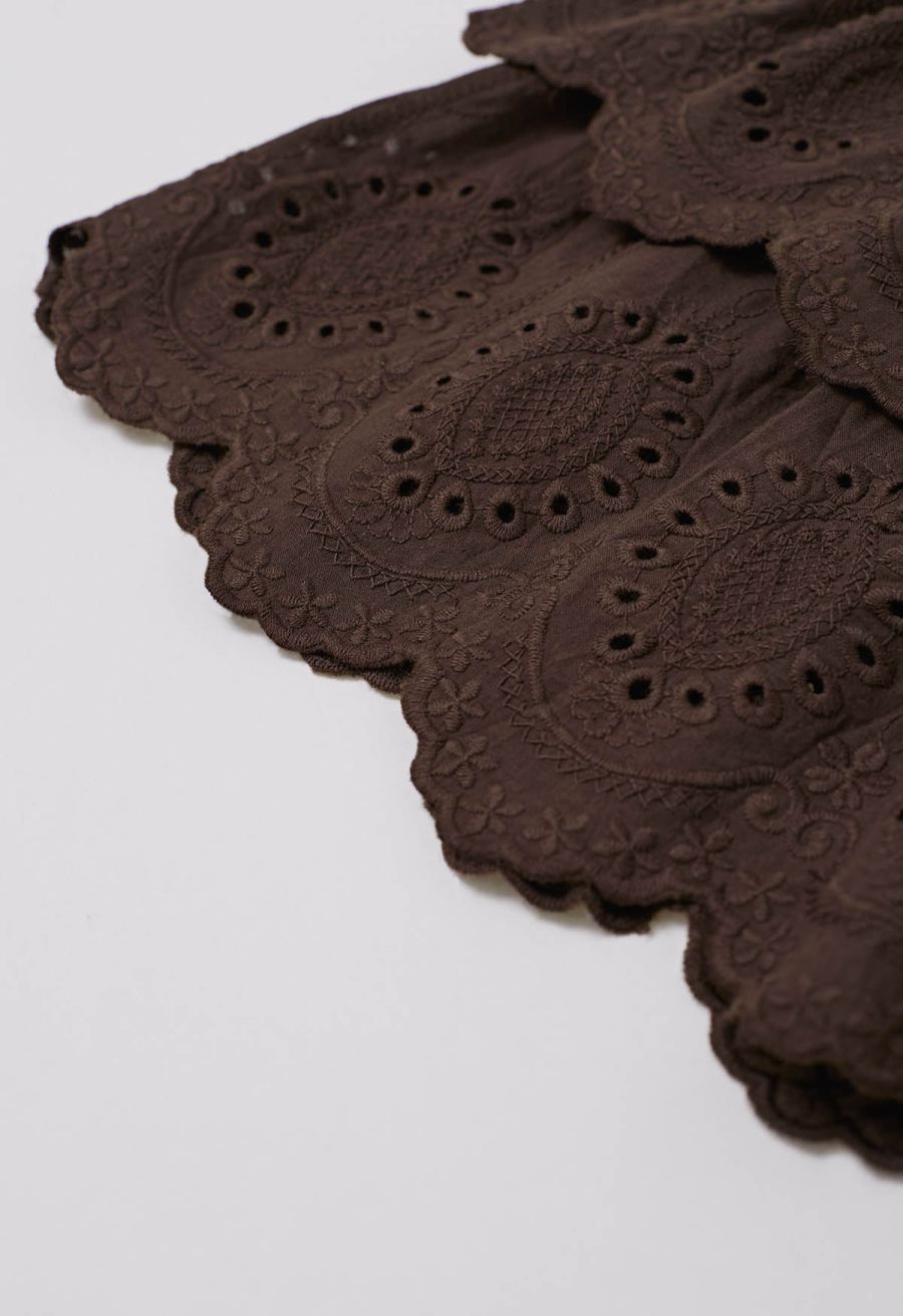 Embroidered Eyelet Cotton Layered Mini Skirt in Chocolate
