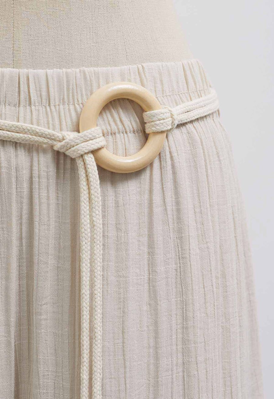 O-Ring Belt Wide Leg Tiered Crop Pants in Oatmeal