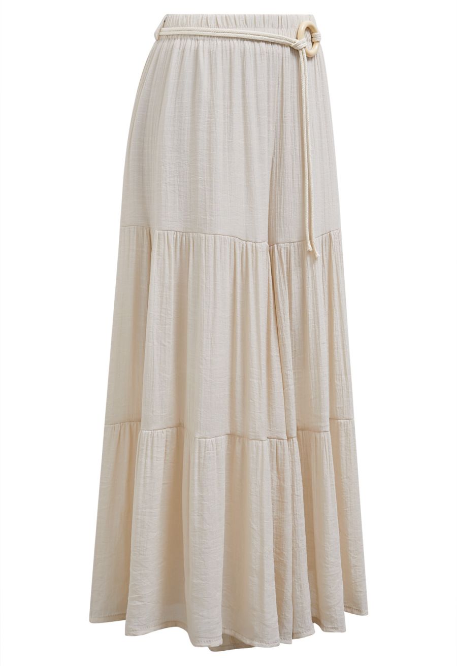 O-Ring Belt Wide Leg Tiered Crop Pants in Oatmeal